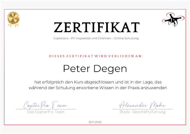 Certificate PV Inspektion mit Drohnen